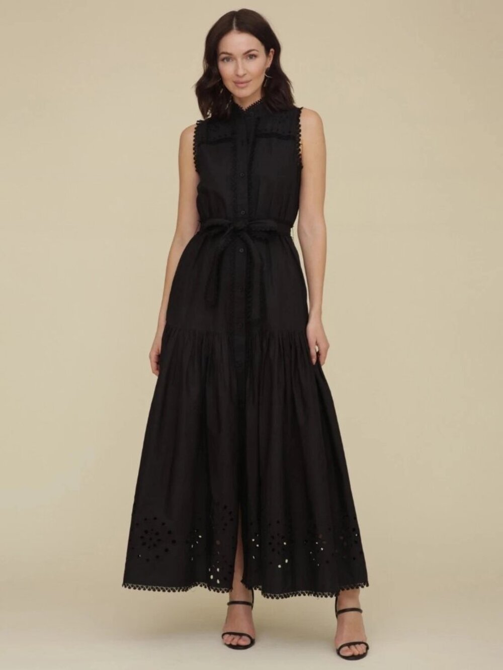 Avec Les Filles Women Cotton Eyelet Embroidery Sleeveless Maxi Dress Black